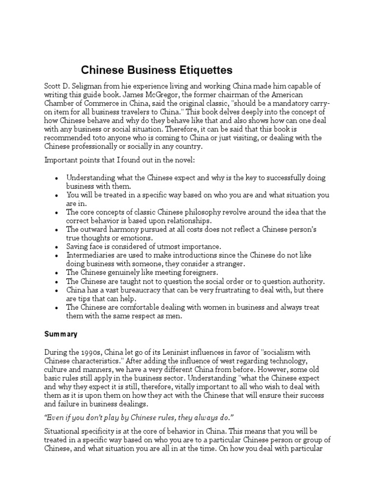 Chinese Business Ettiquettes Pdf Etiquette Thought