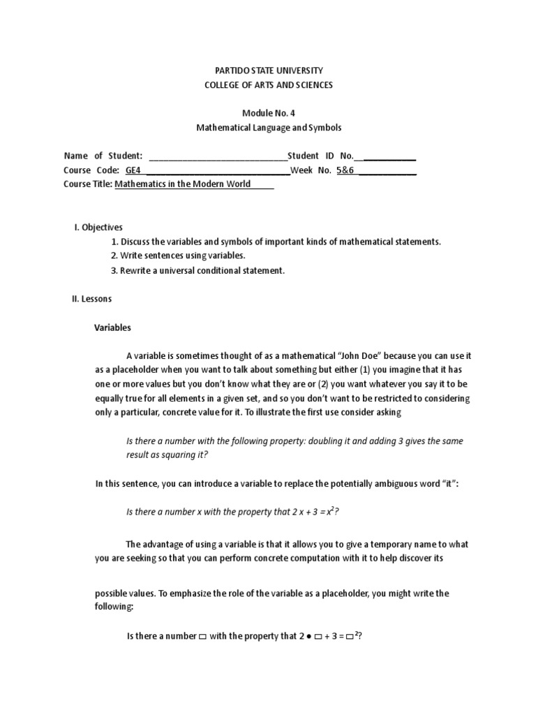GE4 Mathematical Languages and Symbols (Variables) PDF Numbers