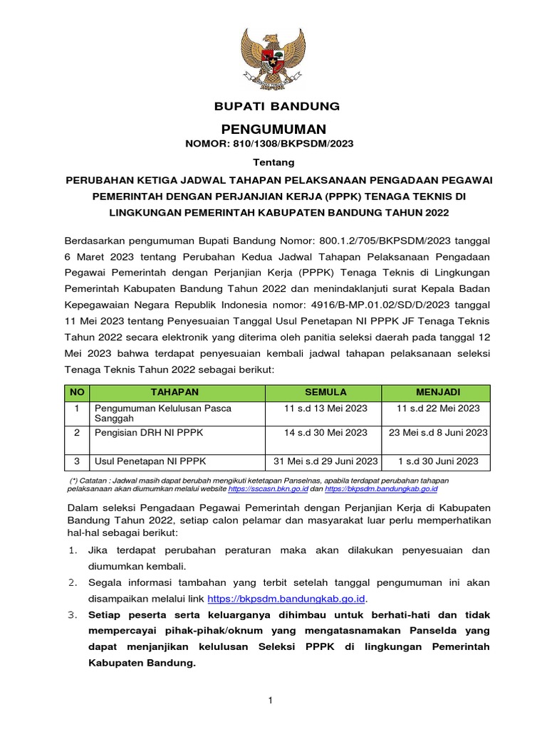 Pengumuman Penyesuaian Ketiga Jadwal Seleksi PPPK Teknis | PDF