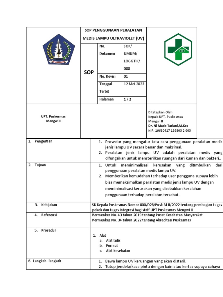 Sop Penggunaan Peralatan Medis Lampu Ultraviolet PDF