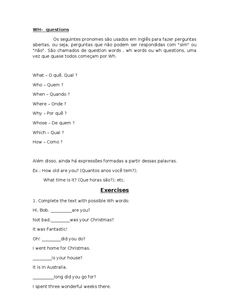 Exercice D Anglais Sur Les Questions En Wh Pdf WH Questions | PDF