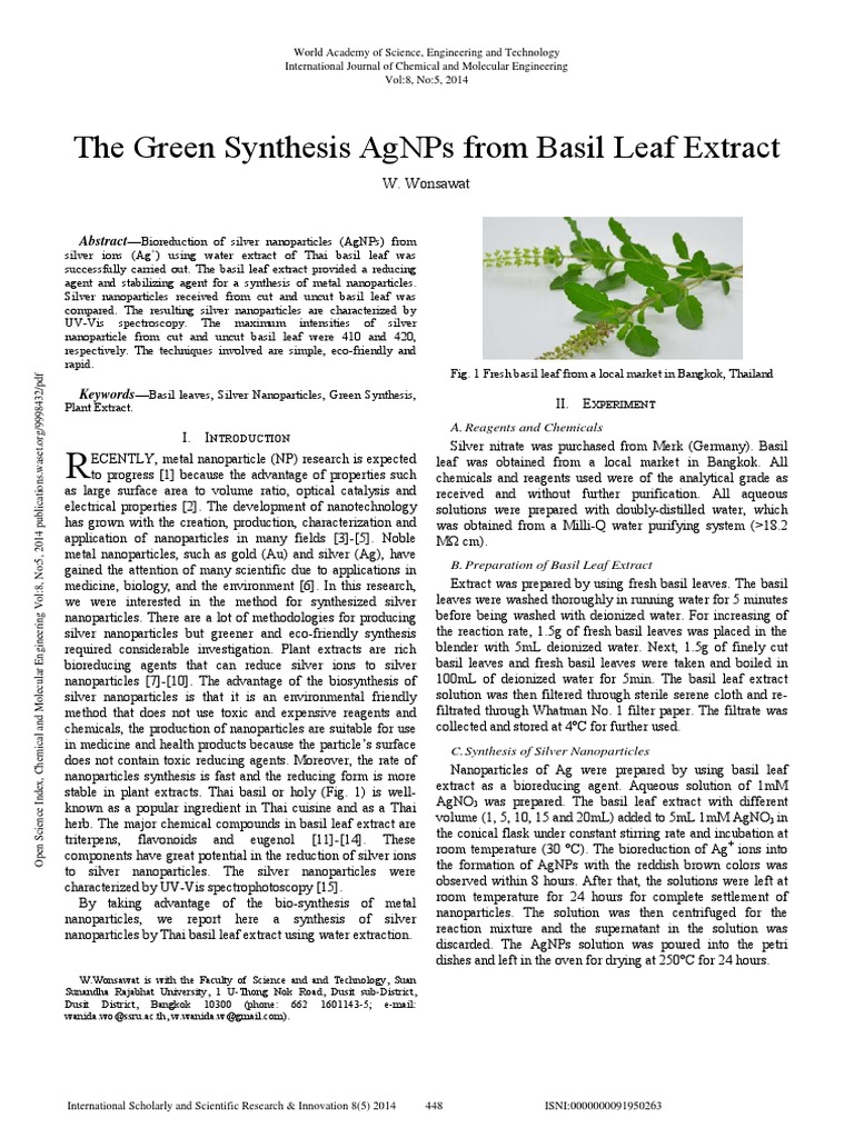 The Green Synthesis Agnps From Basil Leaf Extract PDF Nanoparticle