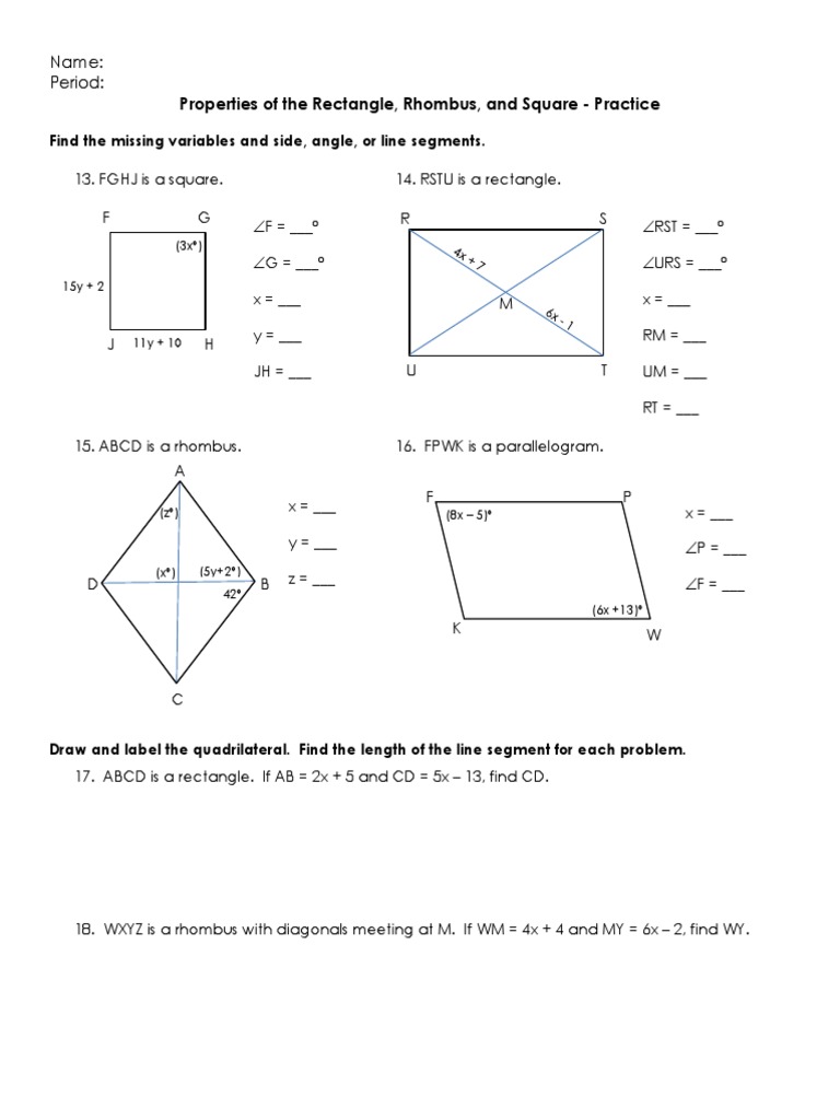 Quadrilateral Properties Practice Worksheet | PDF