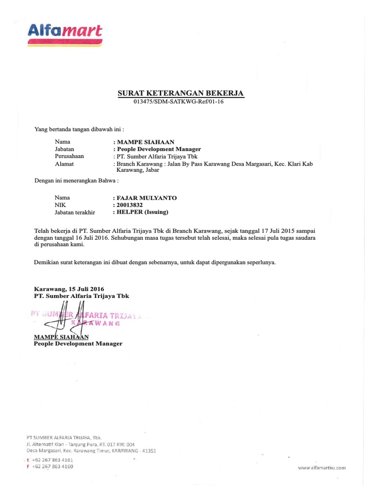 Surat Keterangan Kerja Alfamart Karawang | PDF