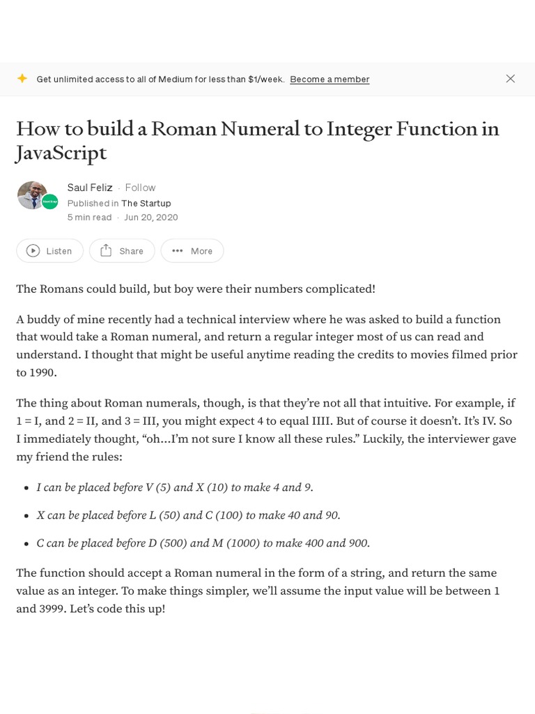 How To Build A Roman Numeral To Integer Function in JavaScript - by ...