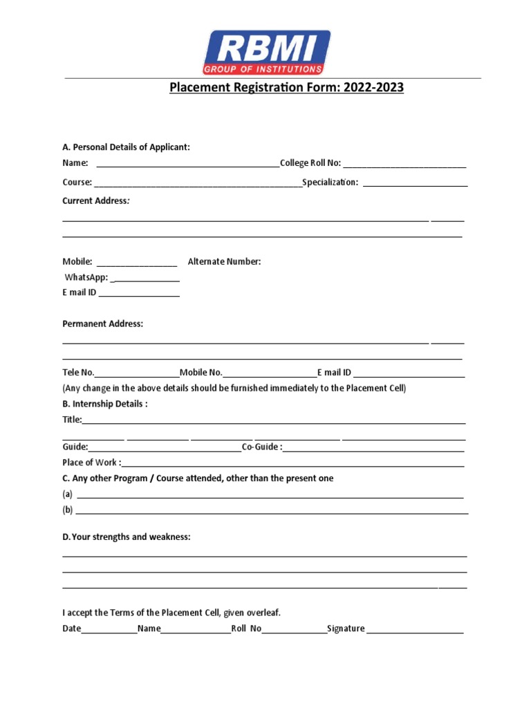 Placement Registration Form PDF Government