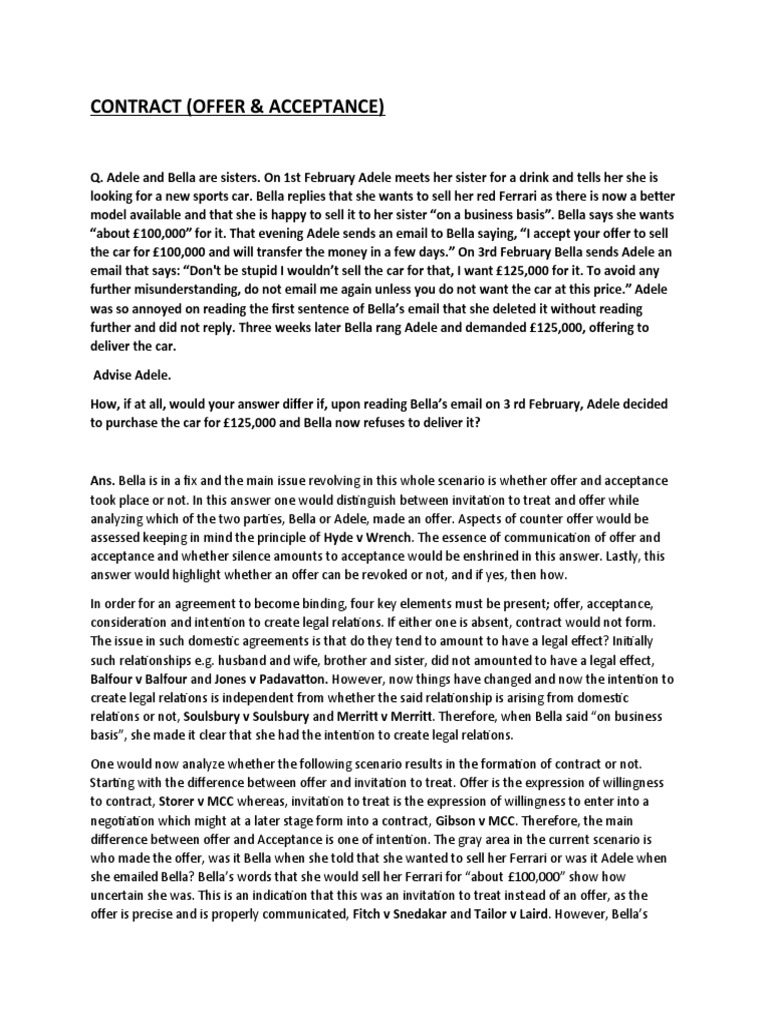 CONTRACT (Offer and Acceptance) PDF Offer And Acceptance Legal