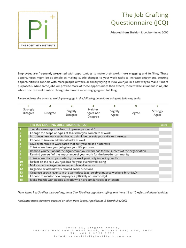 Job Crafting Questionnaire (JCQ) Guide | PDF | Cognitive Psychology ...