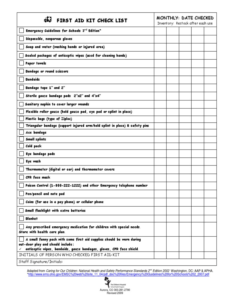 Childcare First Aid Kit Checklist | PDF | Self-Improvement | Wellness
