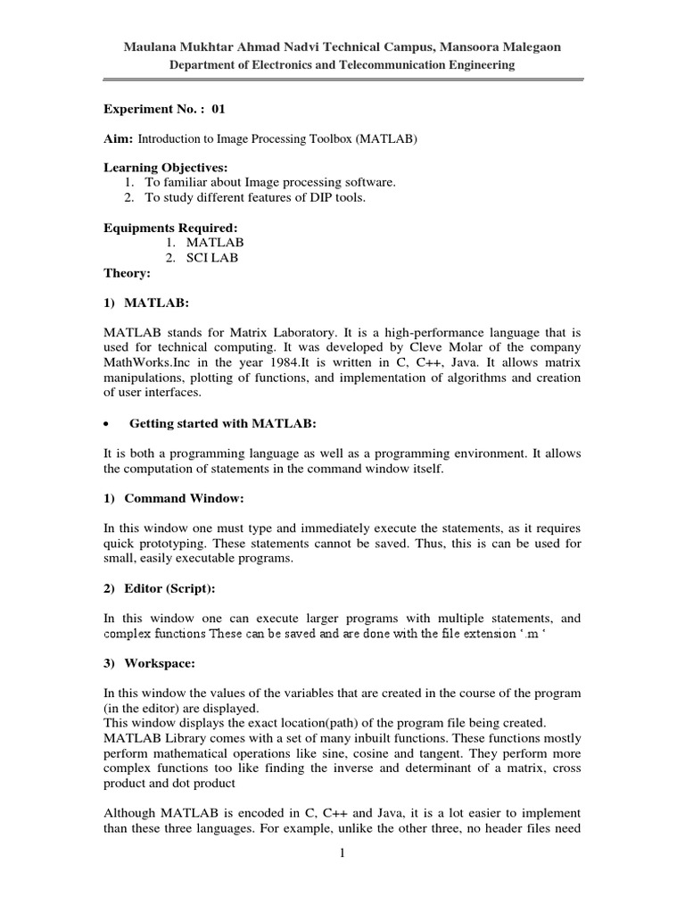Dip expt 1 introduction to dip tools pdf matlab computer programming