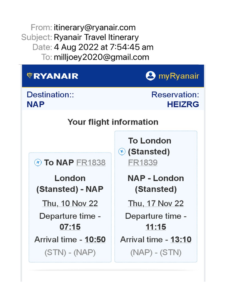 Ryanair Travel Itinerary | PDF