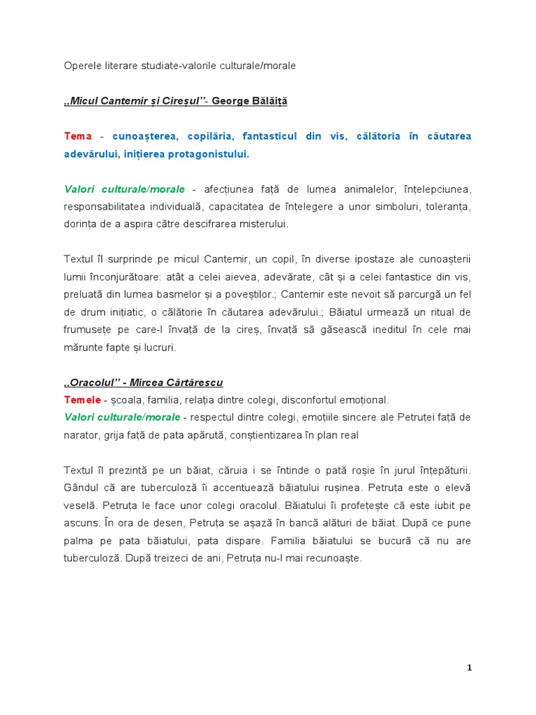 Operele Literare Studiate | PDF