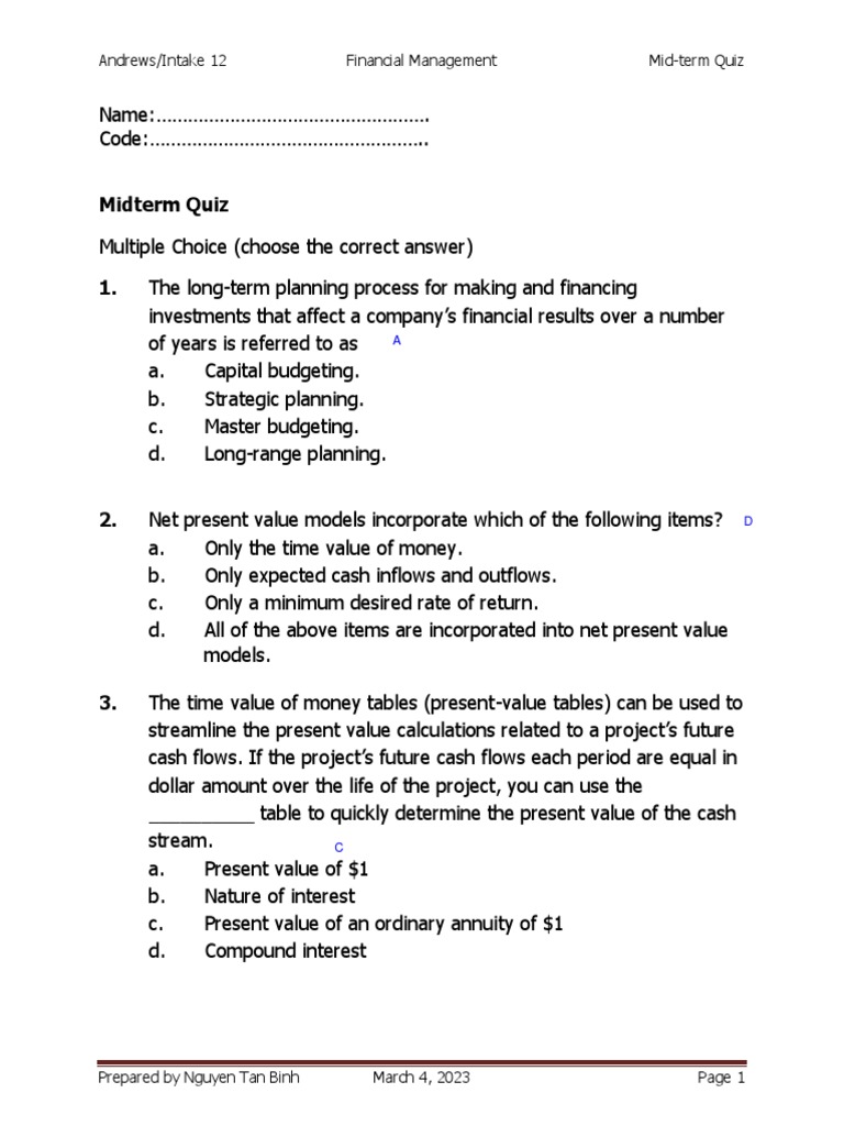 AU12-FM-Midterm Quiz | PDF | Net Present Value | Present Value