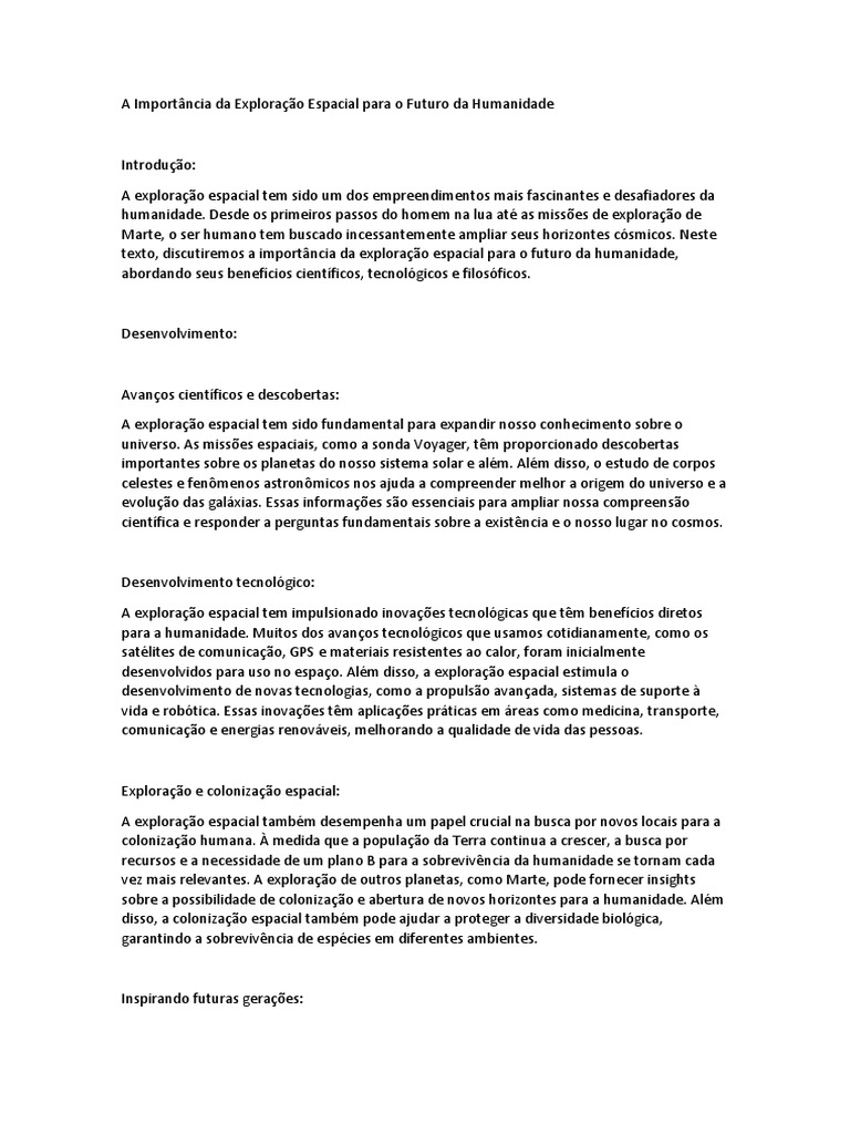 Importância da Exploração Espacial | PDF | Exploração espacial | Science