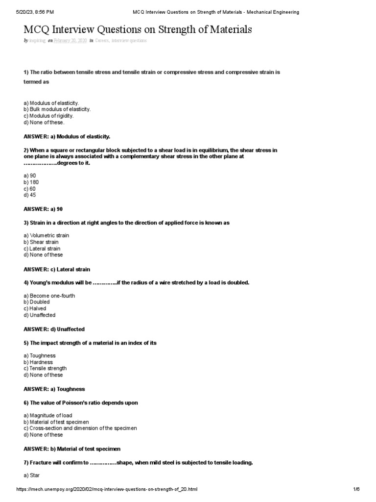 MCQ Interview Questions On Strength of Materials | PDF | Stress ...