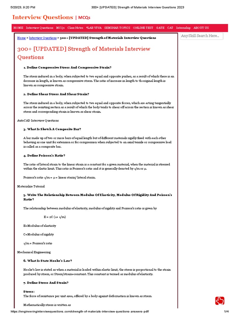 300+ (UPDATED) Strength of Materials Interview Questions | PDF 