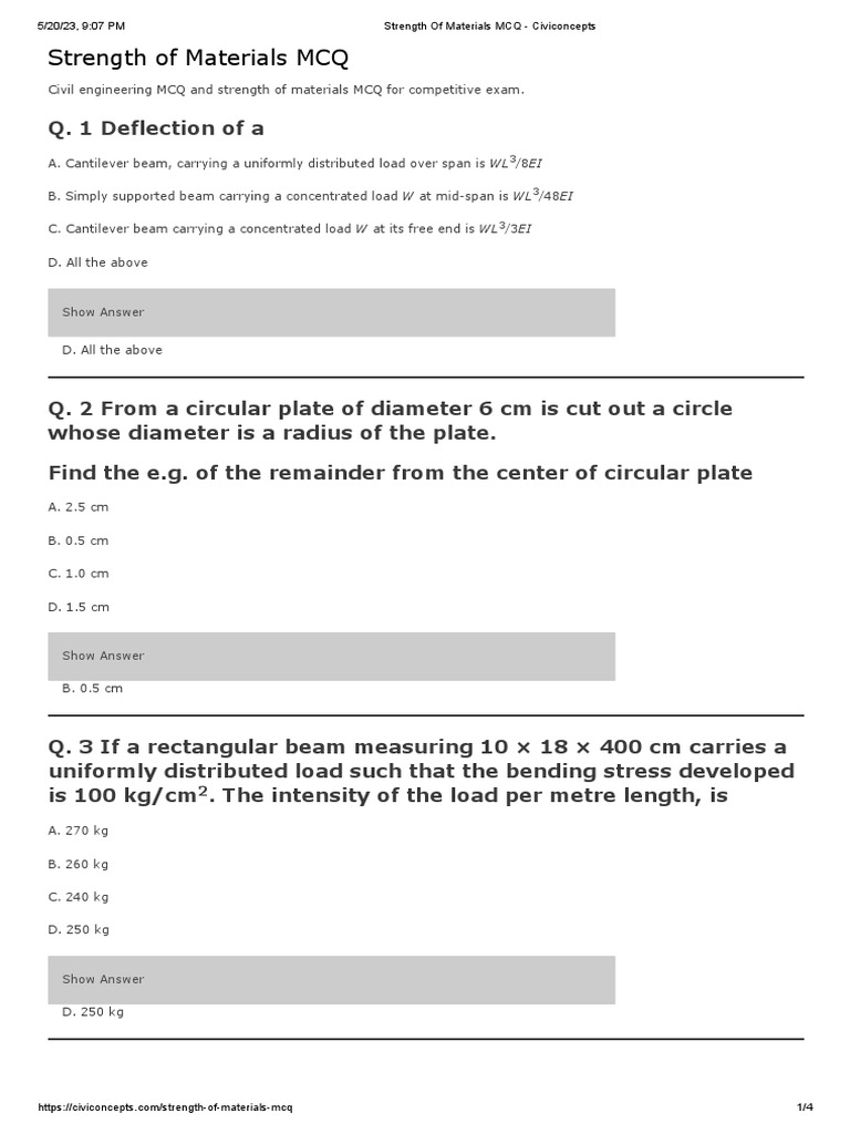 Strength of Materials MCQ Show Answer PDF Beam (Structure