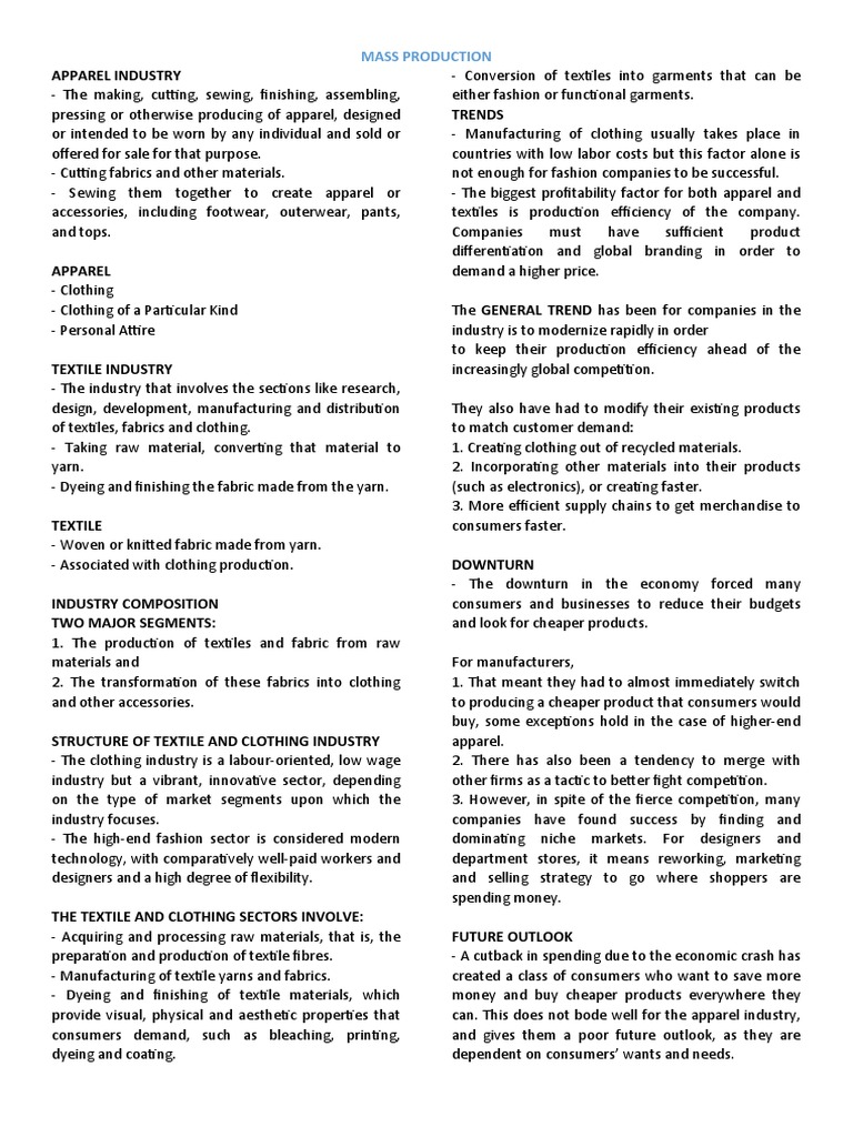 Mass Production in Apparel Industry | PDF | Textiles | Yarn
