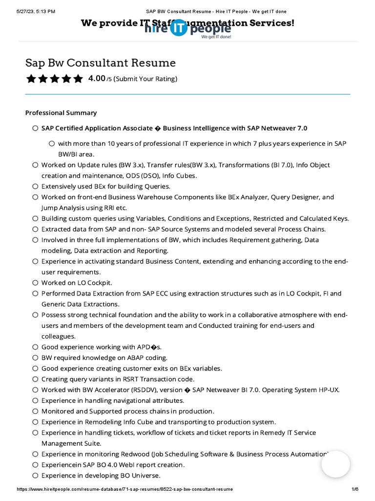 SAP BW Consultant Resume Overview | PDF | World Wide Web | Internet & Web