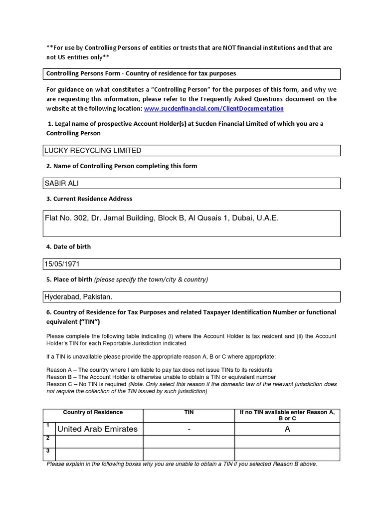 SFL Controlling Person Form PDF Taxes United Arab Emirates