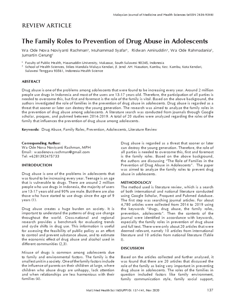 The Family Roles To Prevention of Drug Abuse in Adolescents PDF