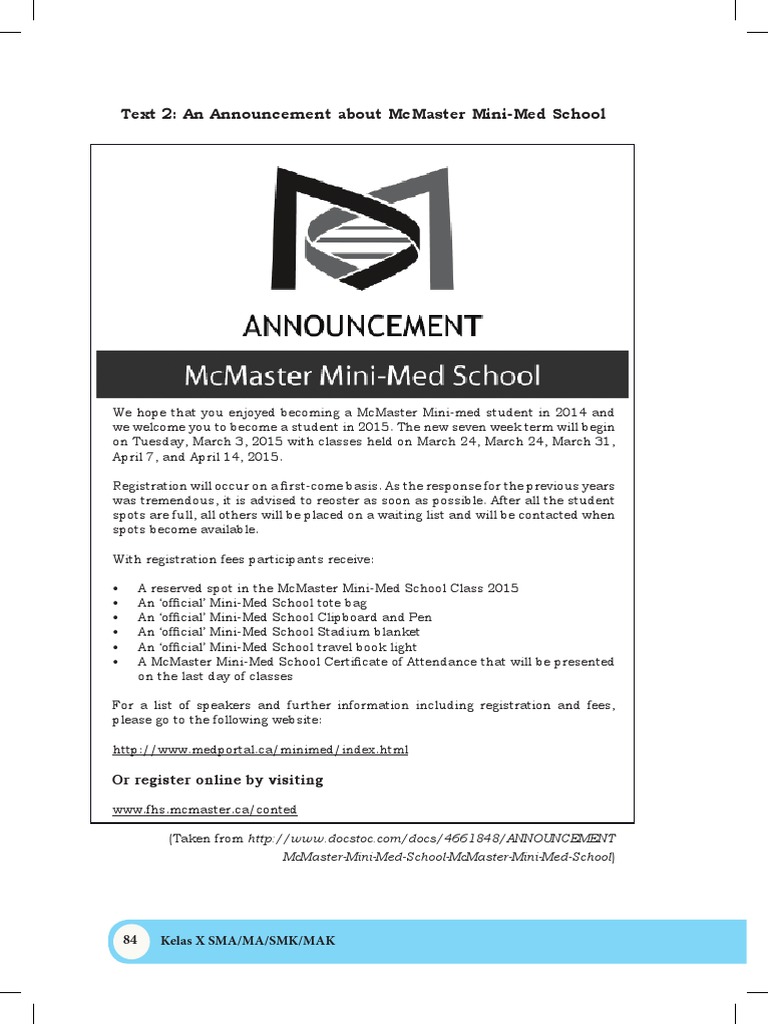 An Announcement About McMaster MiniMed School (Reading Text) PDF