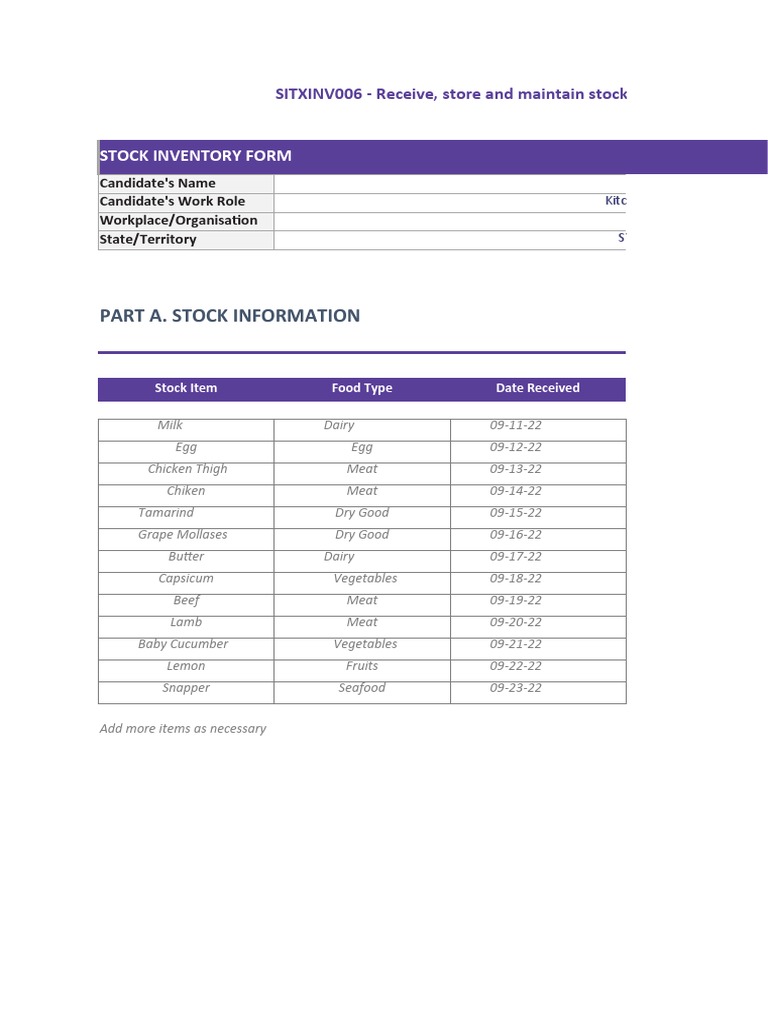 SITXINV006 Stock Inventory Form v1.0 | PDF | Asian Cuisine | Food And Drink