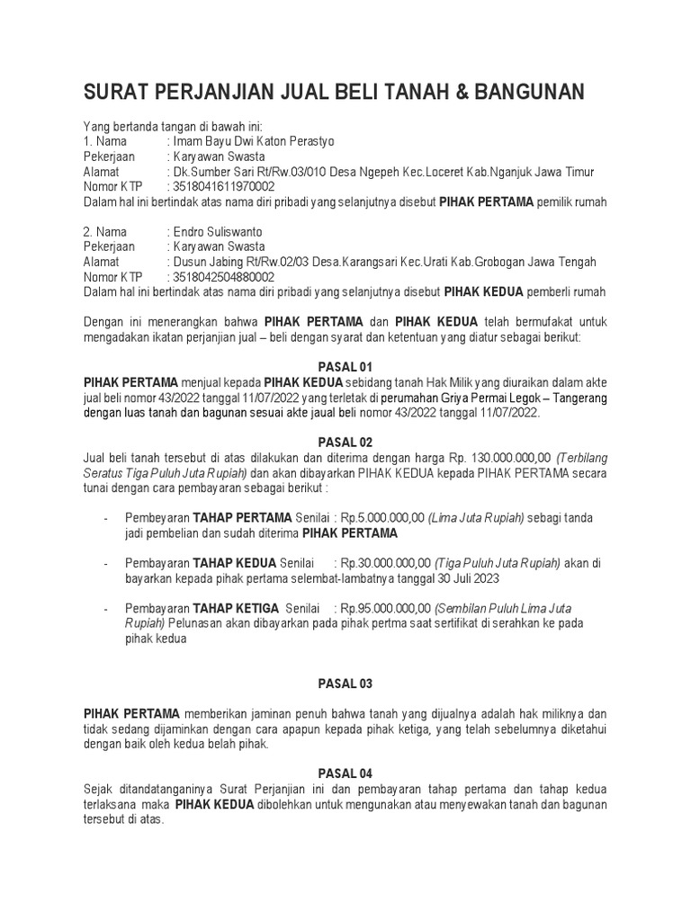 Surat Jual Beli Tanah dan Bangunan | PDF