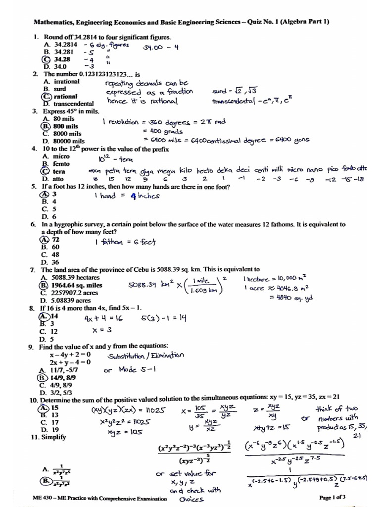 Math Quiz No. 1 Algebra Part 1 Solution | PDF