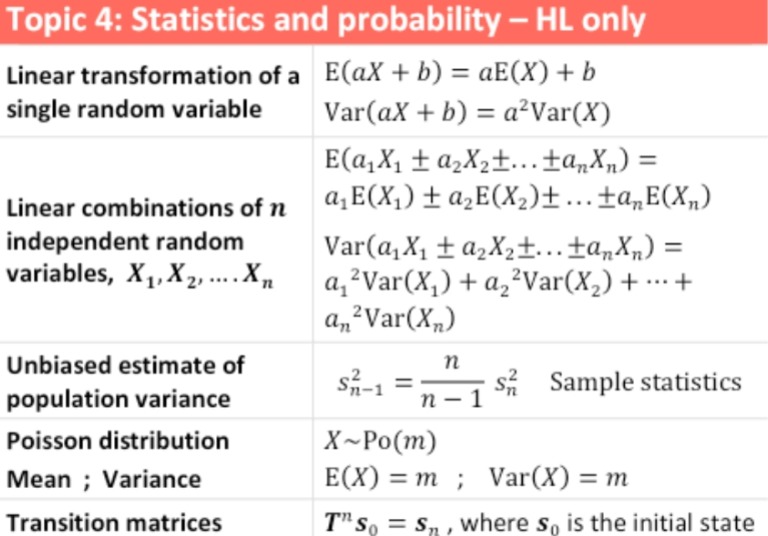 Ib math ai statistics andprobability hl formula pdf