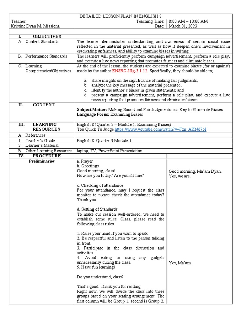 Examining Biases in English 8 Lesson Plan | PDF | Bias | Evidence