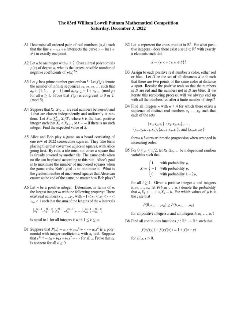 The 83rd William Lowell Putnam Mathematical Competition Saturday, December 3, 2022 PDF