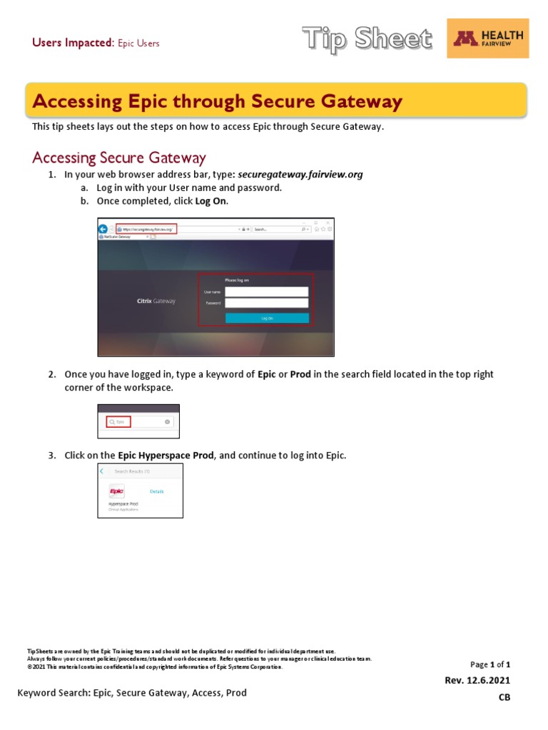 Accessing Epic Through Secure Gateway | PDF