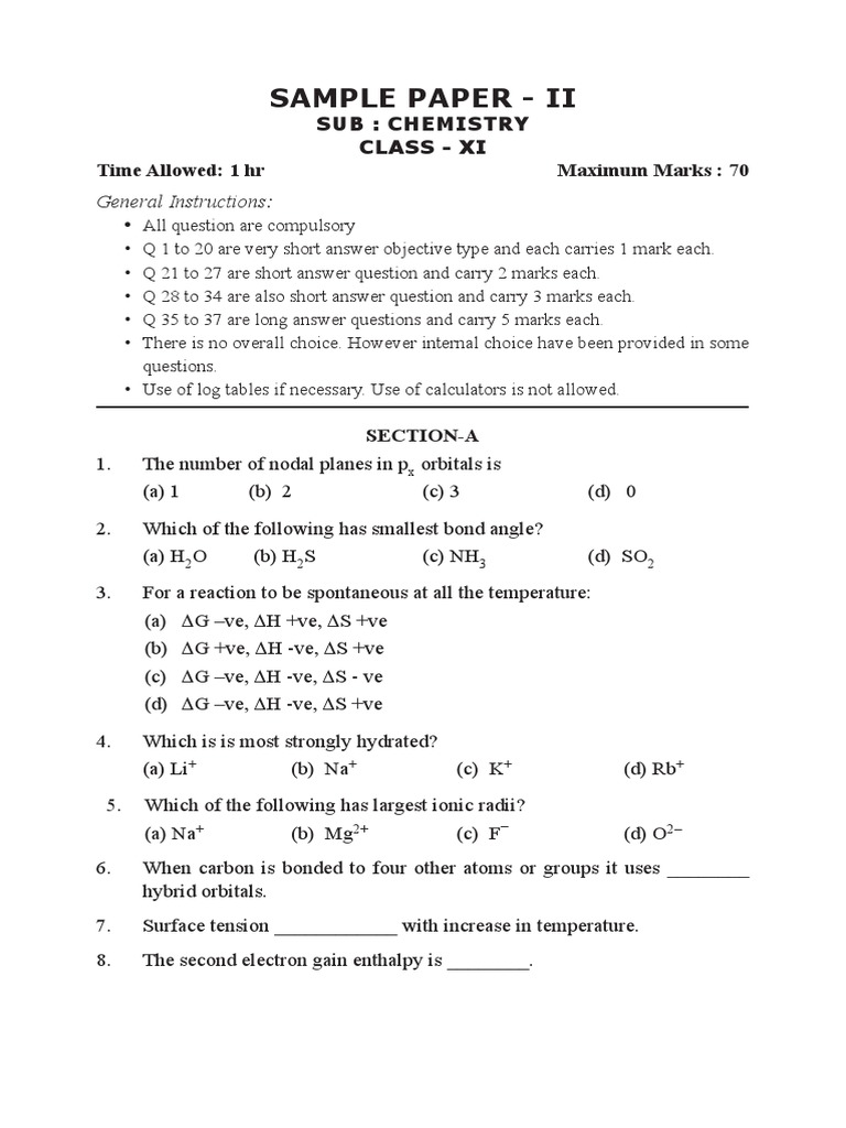 11 Sample Papers Chemistry 1 PDF Chemical Bond Covalent Bond