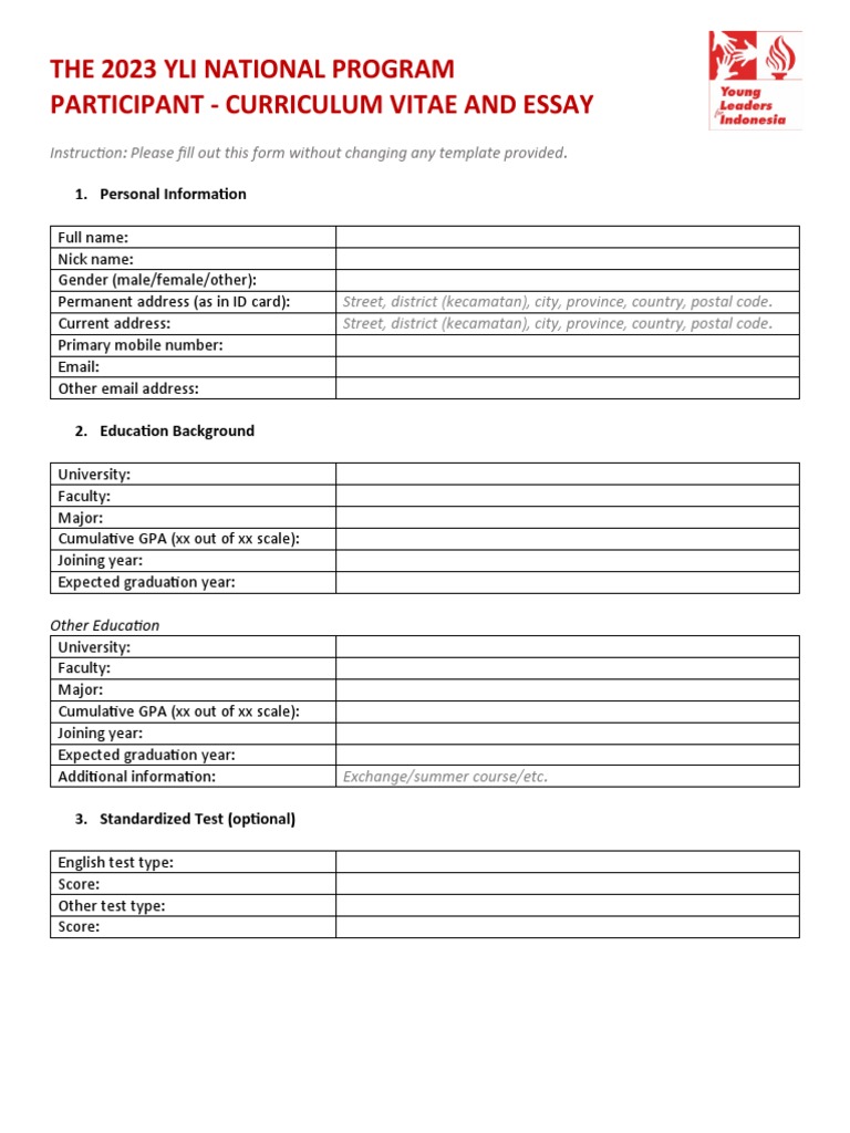 2023 YLI National Program - CV and Essay Template | PDF