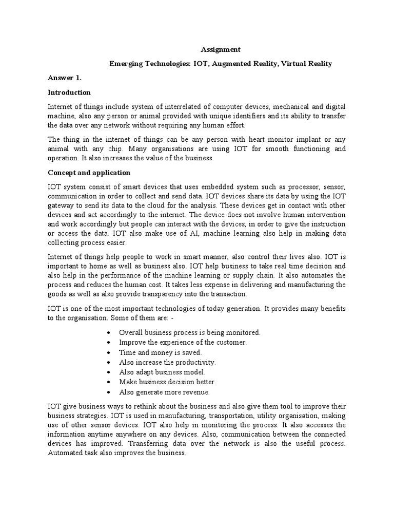 Assignment Emerging Technologies IOT, Augmented Reality, Virtual