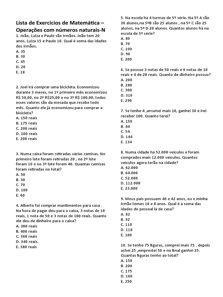 Exercícios de Adição e Subtração 6º Ano | PDF