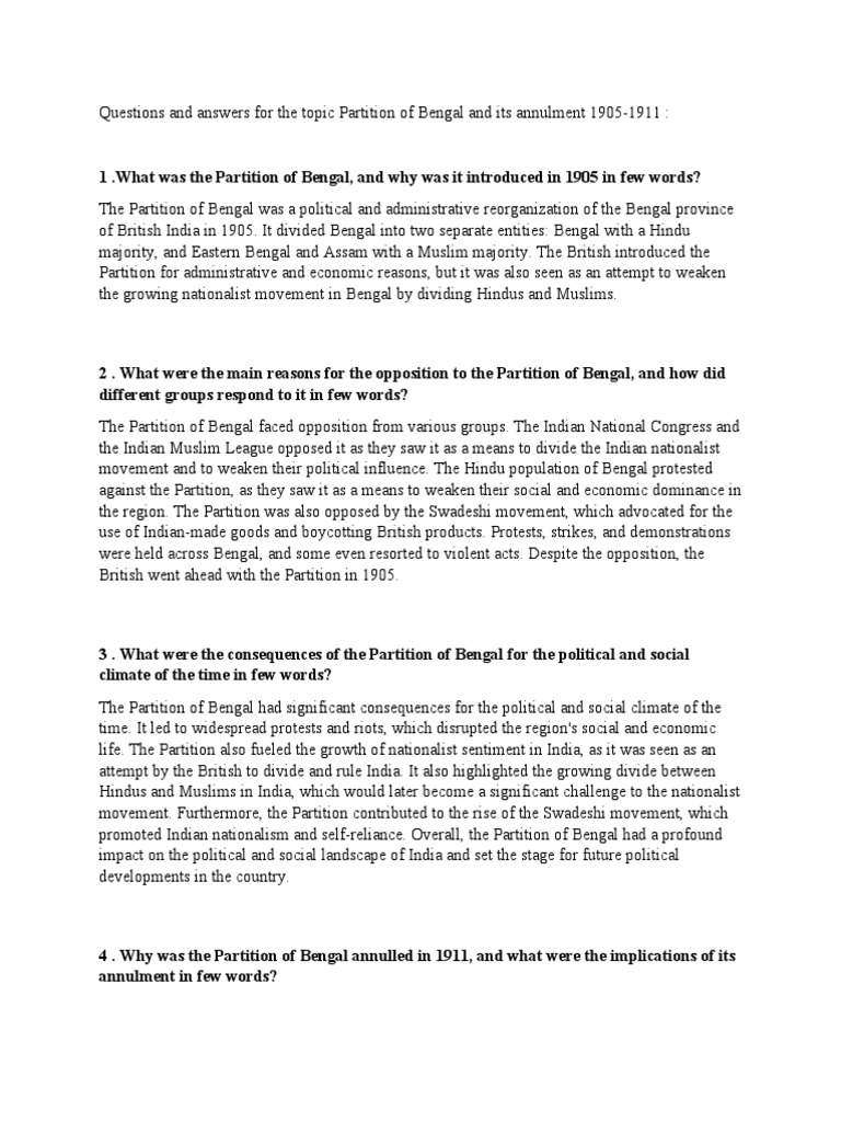 Questions and answers for the topic Partition of Bengal and its ...