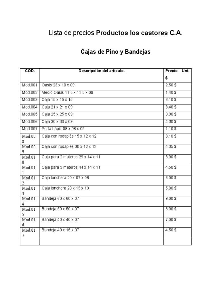 Lsta de Precios Productos Los Castores PDF