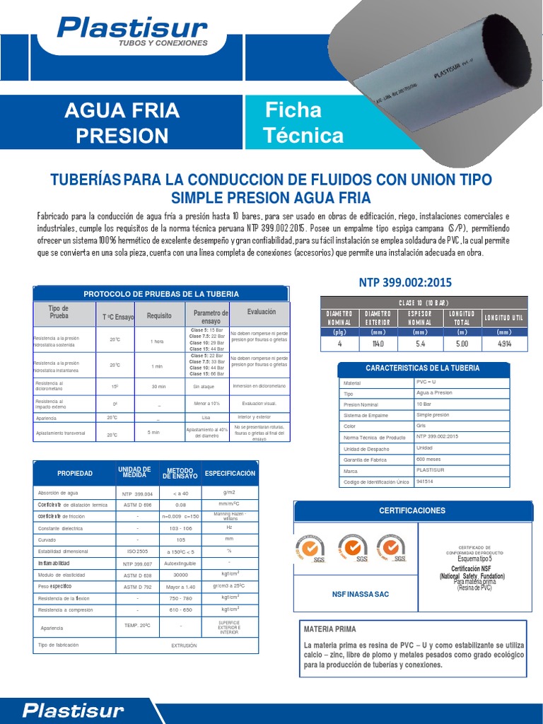 Ficha Tecnica Tub Pvc Sap 4 Pn10 57185 PDF Tubería (transporte de fluidos) Ciencia de