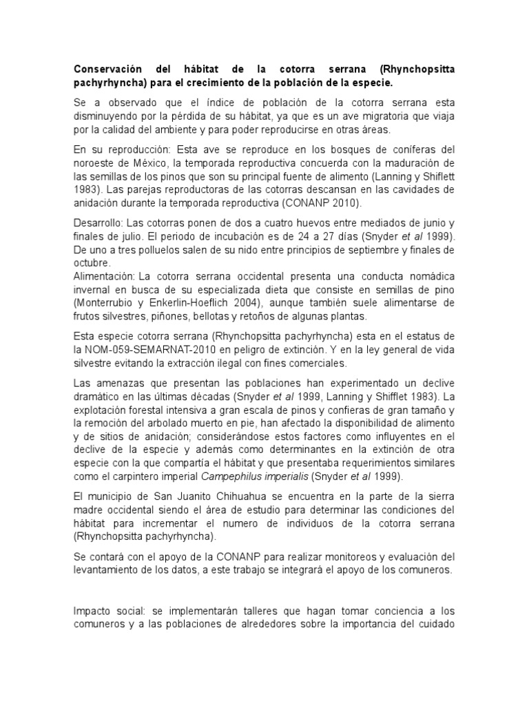 Conservación Del Hábitat de La Cotorra