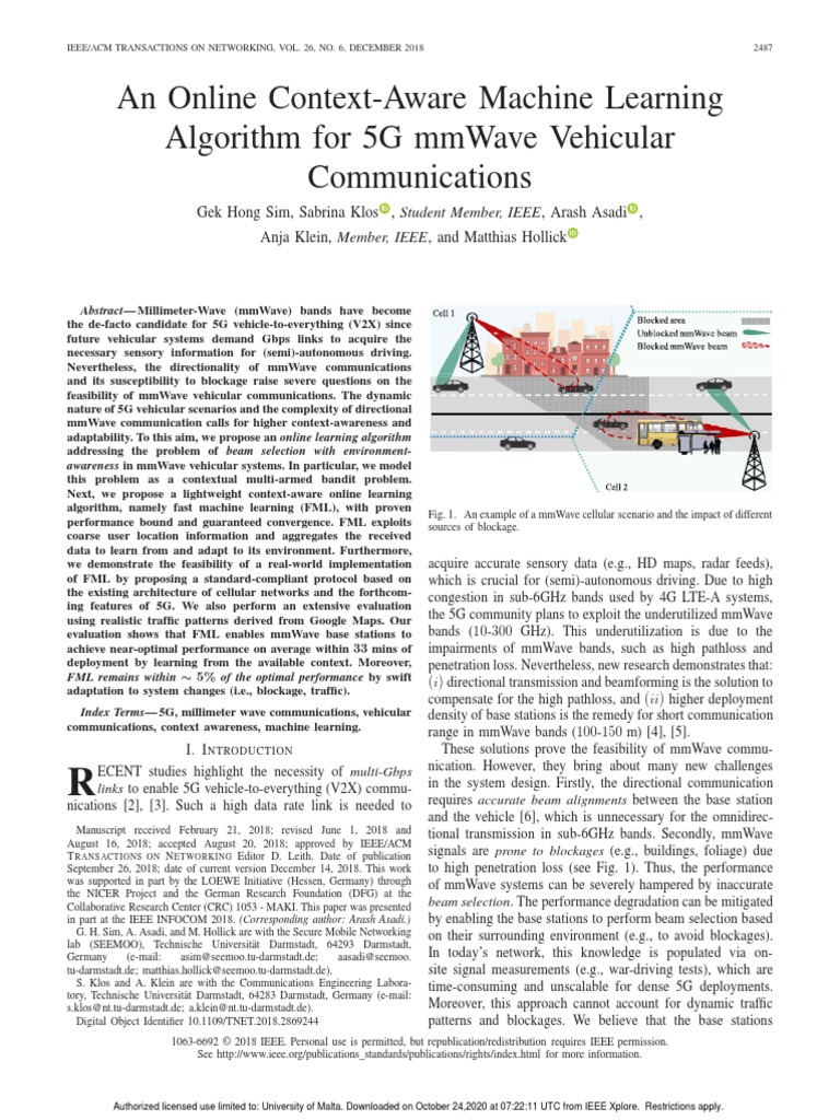 An Online ContextAware Machine Learning Algorithm For 5G Mmwave