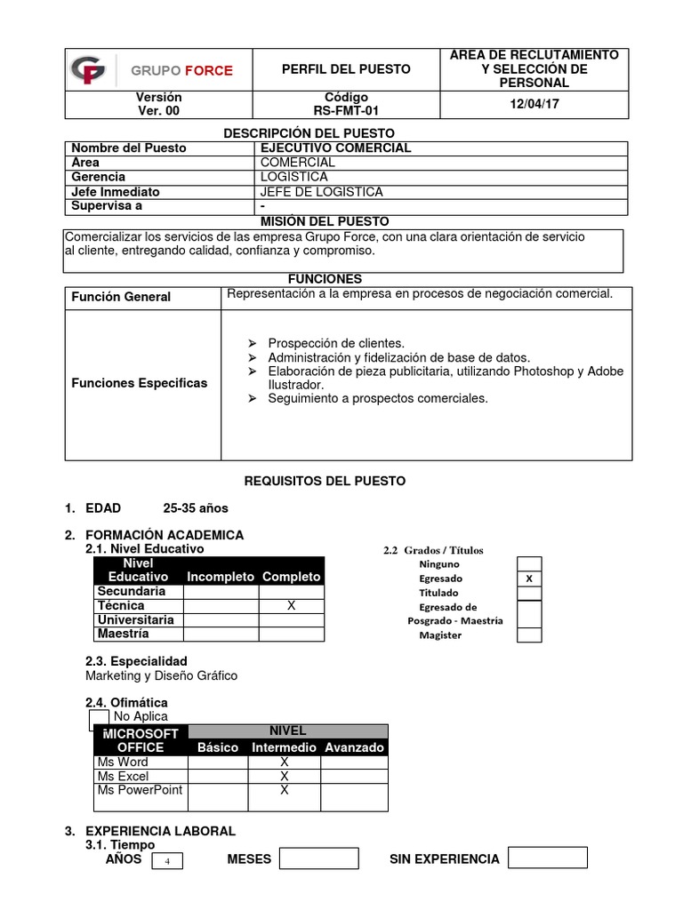 Perfil del Puesto: Ejecutivo Comercial | PDF | Marketing | Software