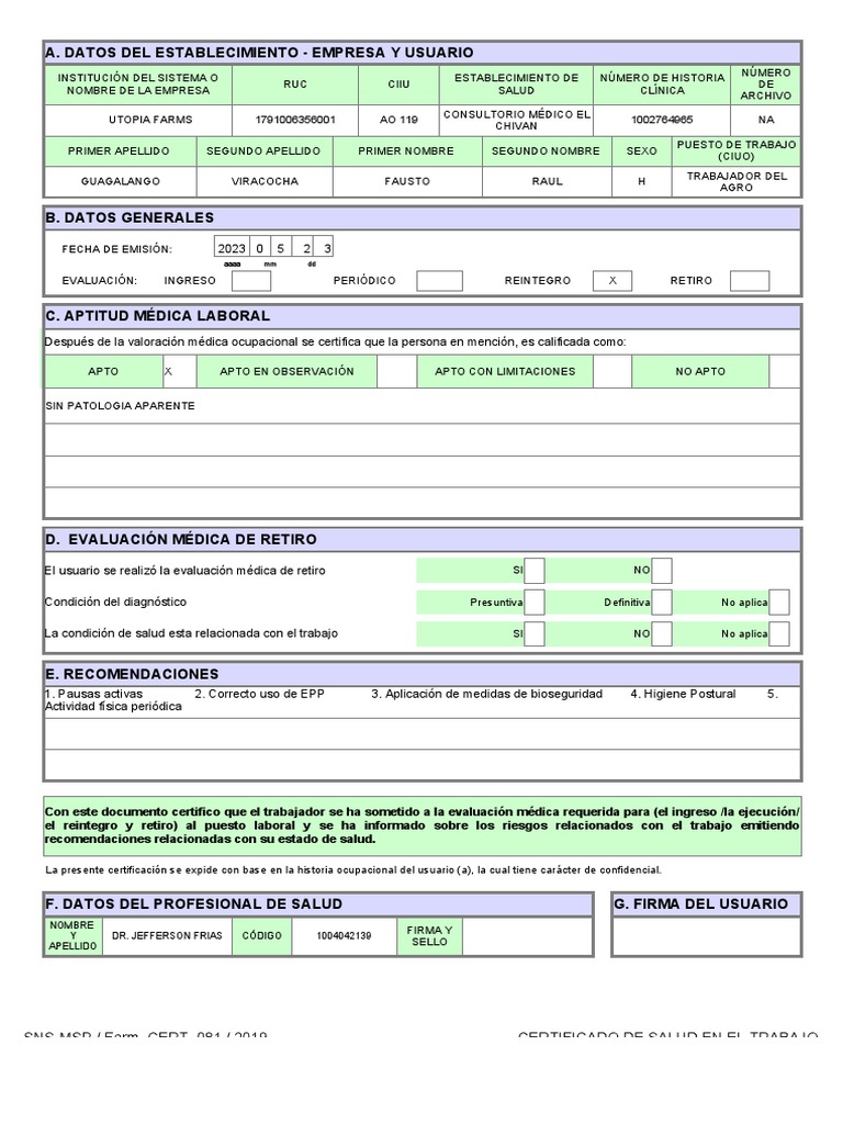 Formulario sns msp form hcu 081 certificado de salud en el trabajo
