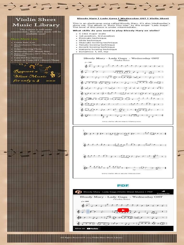 Bloody Mary Lady Gaga Wednesday OST Violin Sheet Music PDF