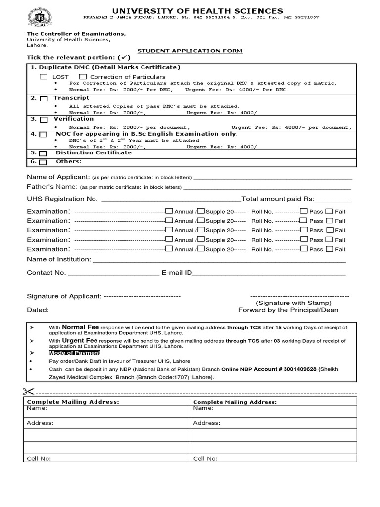 UHS Application Form for DMC and Certificates | PDF | Financial ...