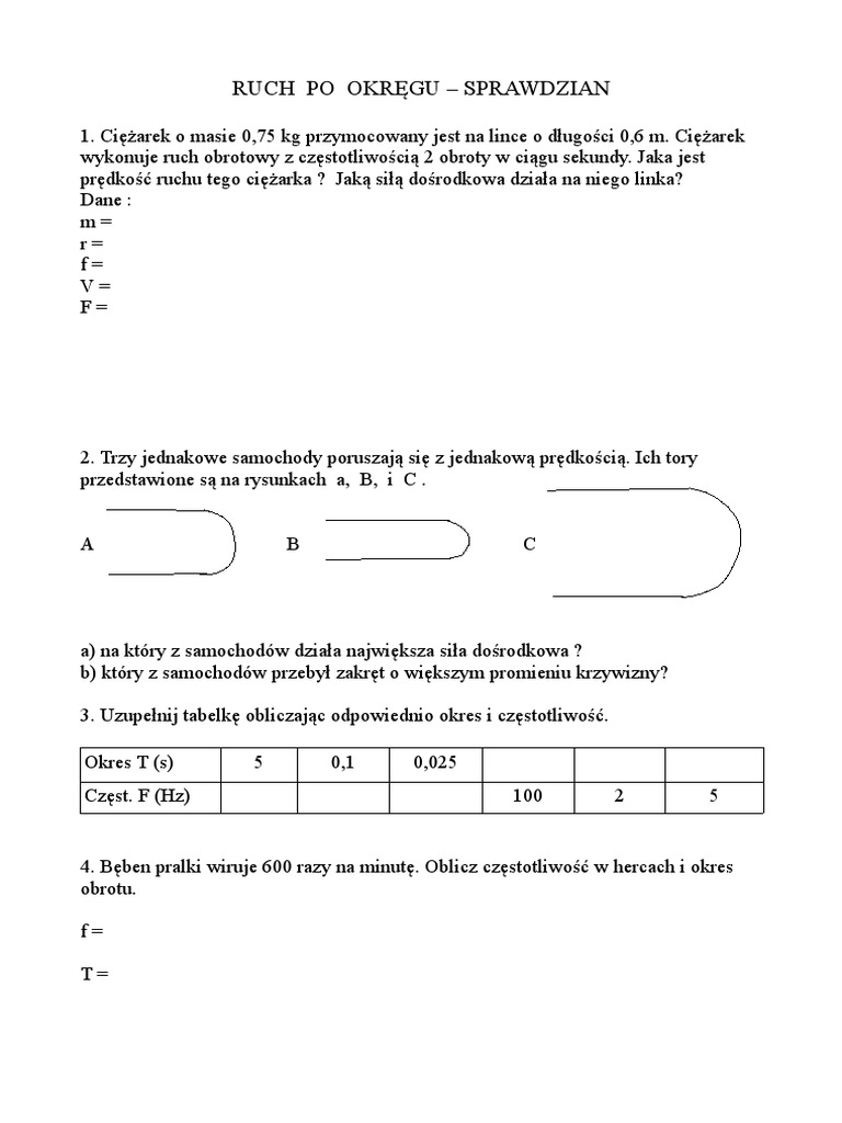 Sprawdzian Ruch Drgający świat Fizyki Ruch Po Okręgu - Sprawdzian | PDF