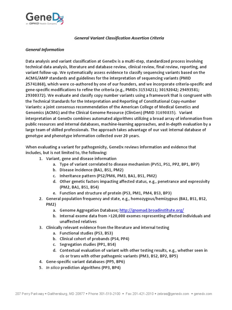 Genedx Variant Classification Process June 2021 Pdf Mutation Allele