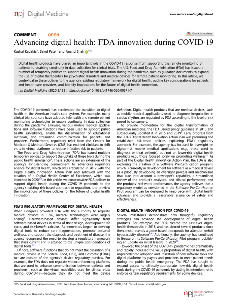 Advancing Digital Health FDA Innovation During COVID19 PDF Food