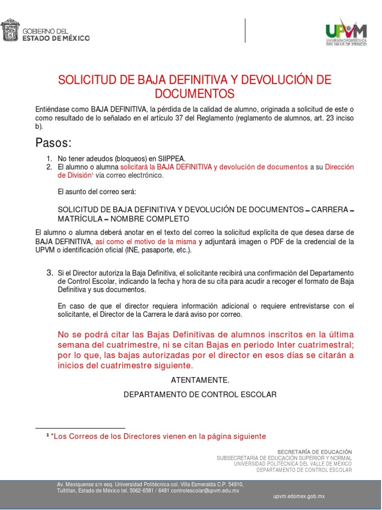 Solicitud de Baja Definitiva UPVM | PDF